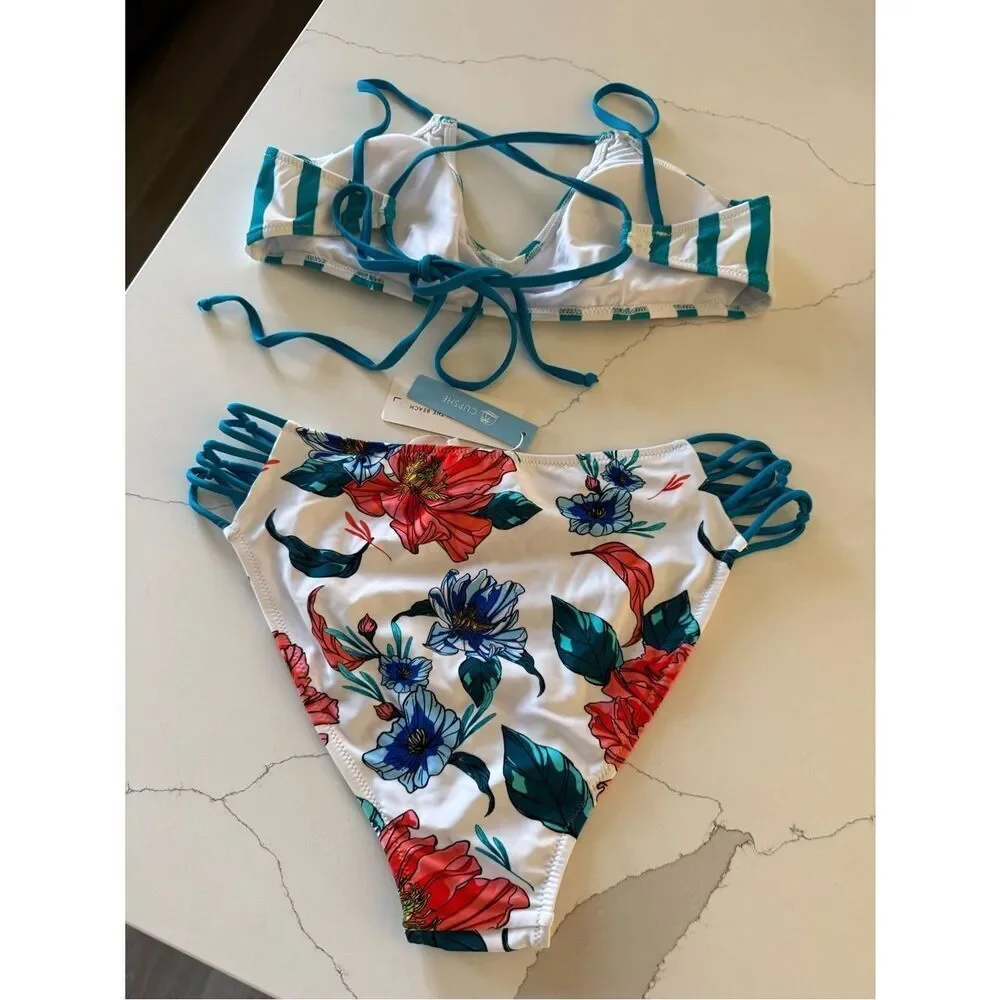 CUPSHE Stripe and Floral Strappy Bikini | Women’s Large | New With Tags